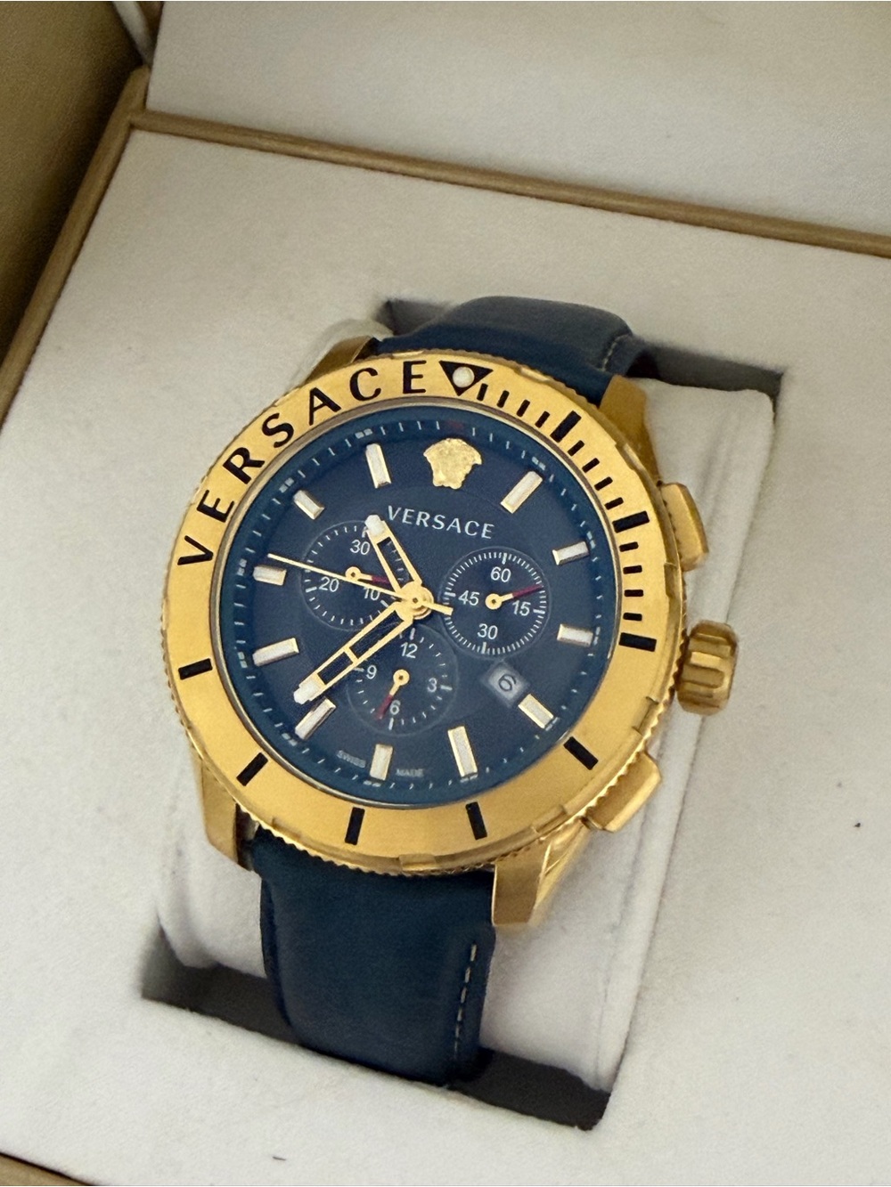 Versace Blue Dial Gold Bezel Chronograph Watch